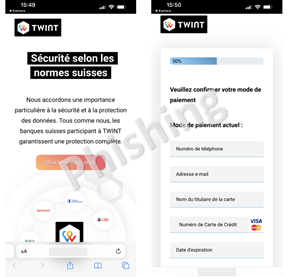 Fraudulent phishing page in which TWINT is spoofed as the sender. Left: A pretext to obtain credit card details and right: actual credit card phishing.