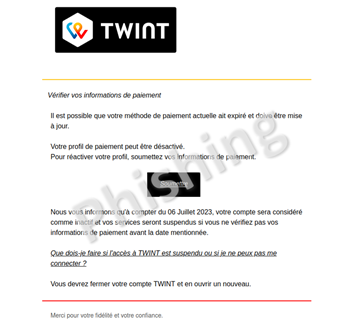 Fraudulent phishing email in which TWINT is spoofed as the sender. Typically, these emails threaten that it is necessary to react IMMEDIATELY. The link leads to the phishing website.