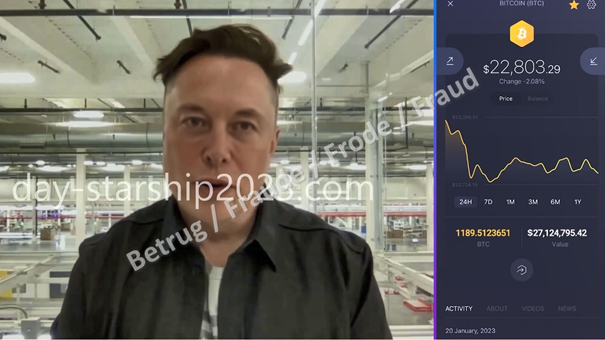 Video deepfake con Elon Musk. Oltre all’immagine, anche la voce è stata creata con la tecnica deepfake. Il sito Internet è stato rimosso.
